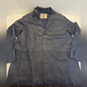 VTG Wilda Mens Blazer 3 Button Down XXL Dark Navy Blue  Genuine Leather USA